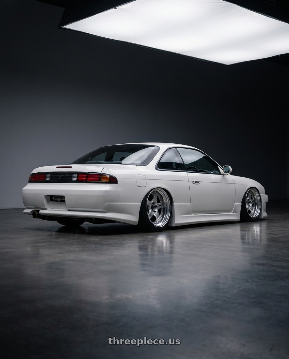 1997 Nissan Silvia S14 Kouki with Work Meister S1 3P 5x114.3 19x10+10 O Disk Silver wheels rear three quarter view slight stretch tires