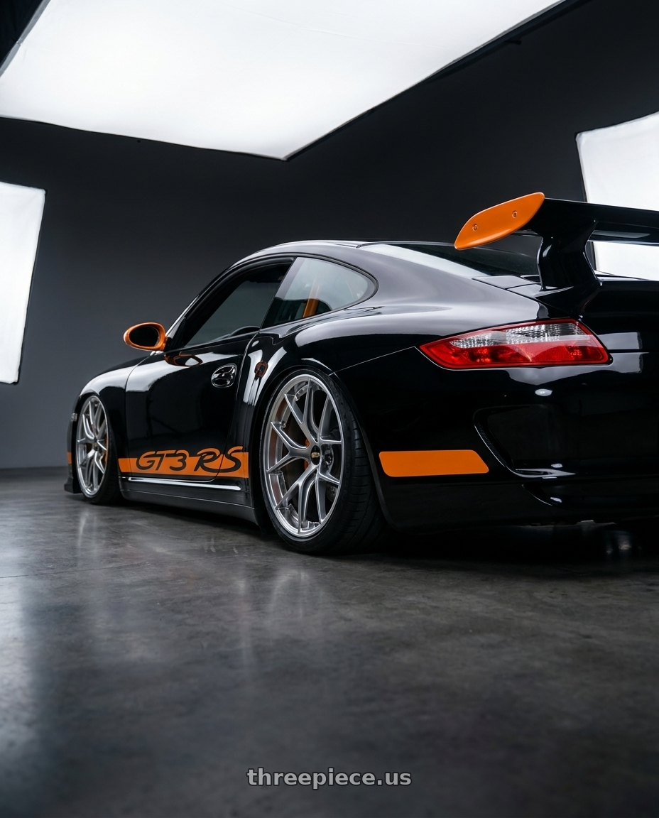 2007 Porsche 911 gt3 rs with BBS RI-S 5x112 20x10.0+38 Diamond Silver wheels rear three quarter view slight stretch tires