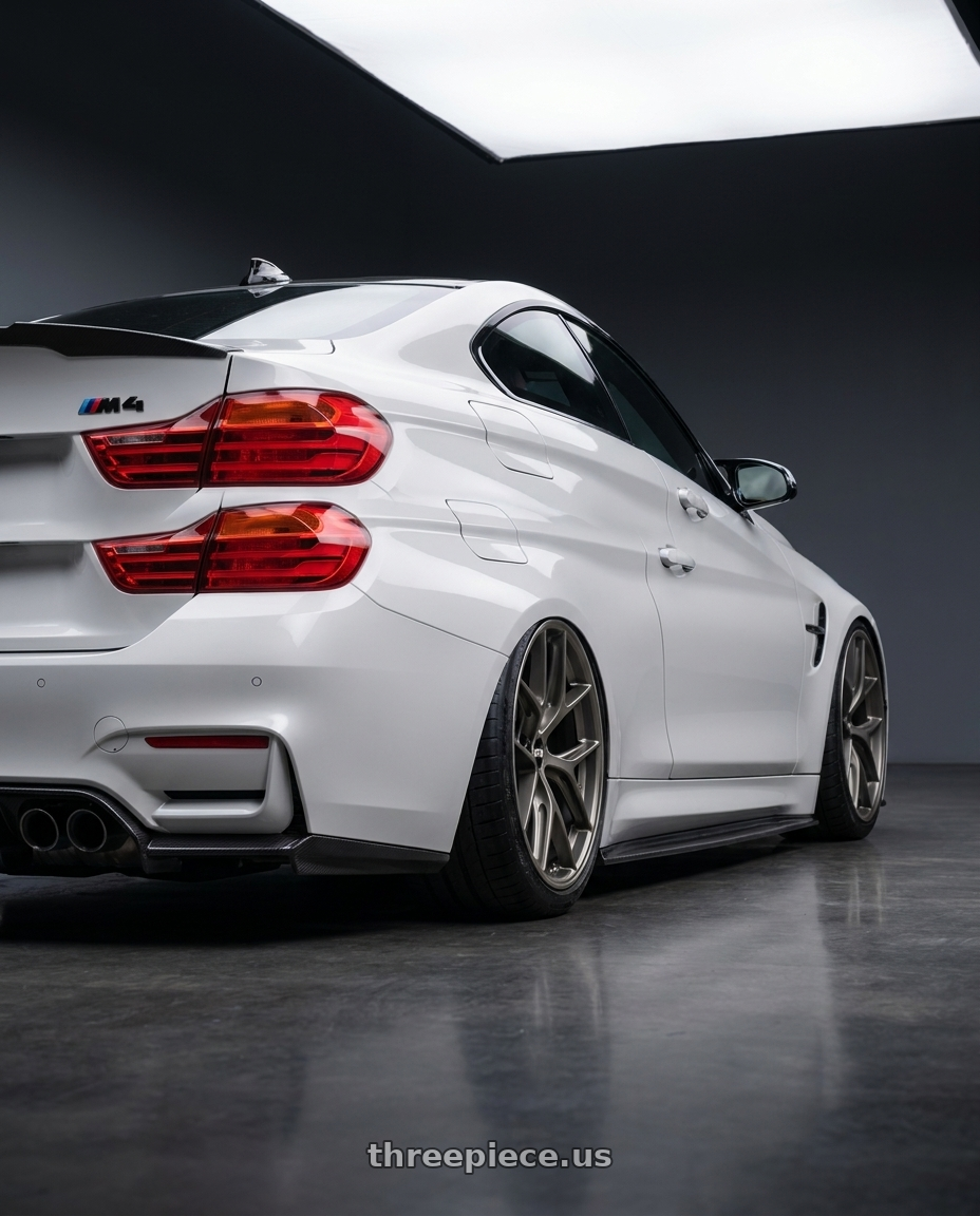 2018 BMW M4 F82 with BBS CC-R 5x120 19x9.0+26 Satin Platinum wheels rear three quarter view slight stretch tires