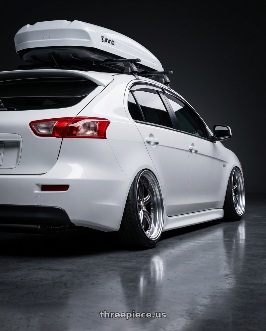 2014 Mitsubishi Lancer Sportback with Work Wheels VS-KF 5X114.3 19x7.5-24 Brilliant Silver Black R Disk FULL REVERSE wheels rear three quarter view extreme stretch tires