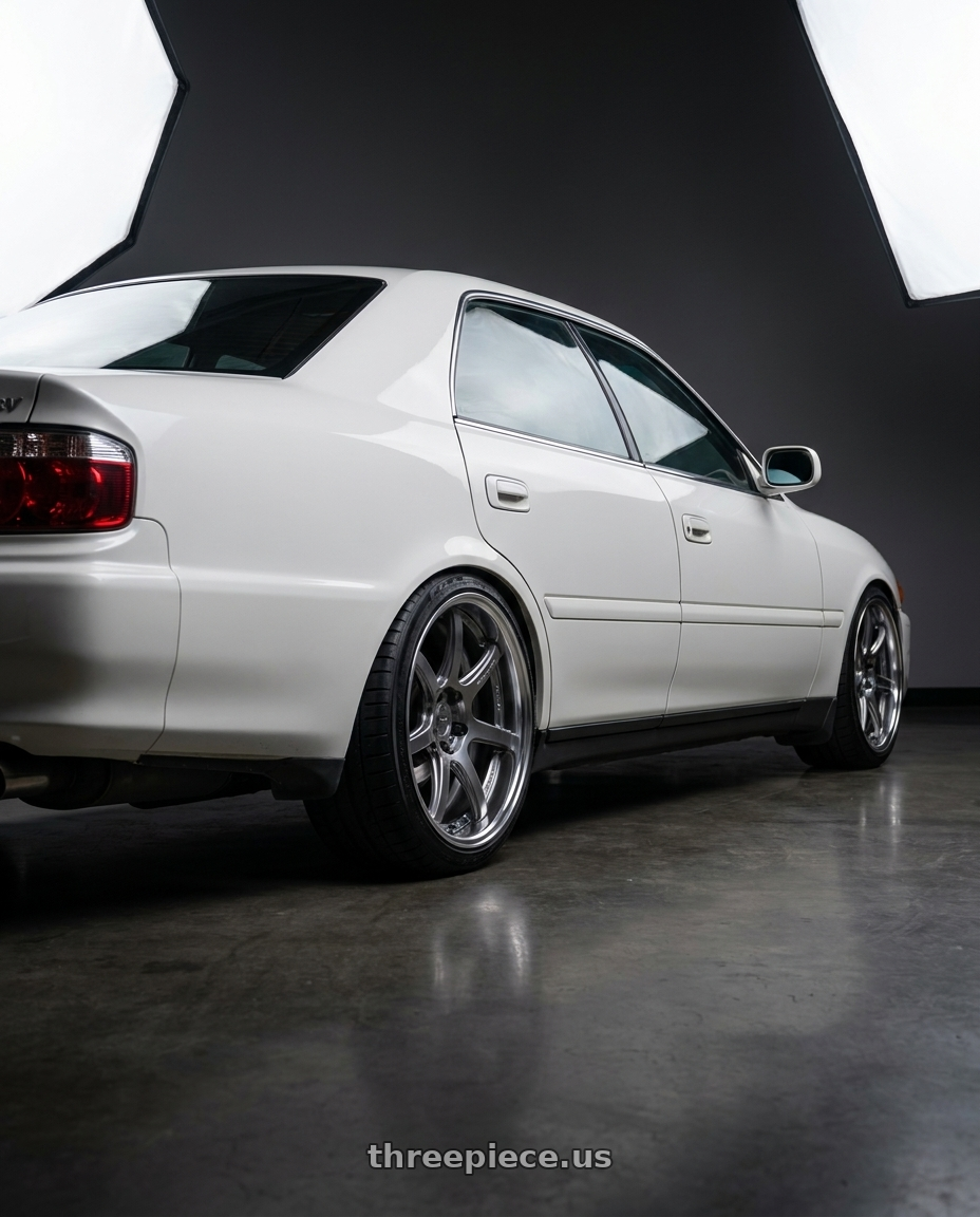 1998 Toyota Chaser Tourer V with Work T7r 2P 5x114.3 18x9.5 +22 GT SILVER wheels rear three quarter view square tires