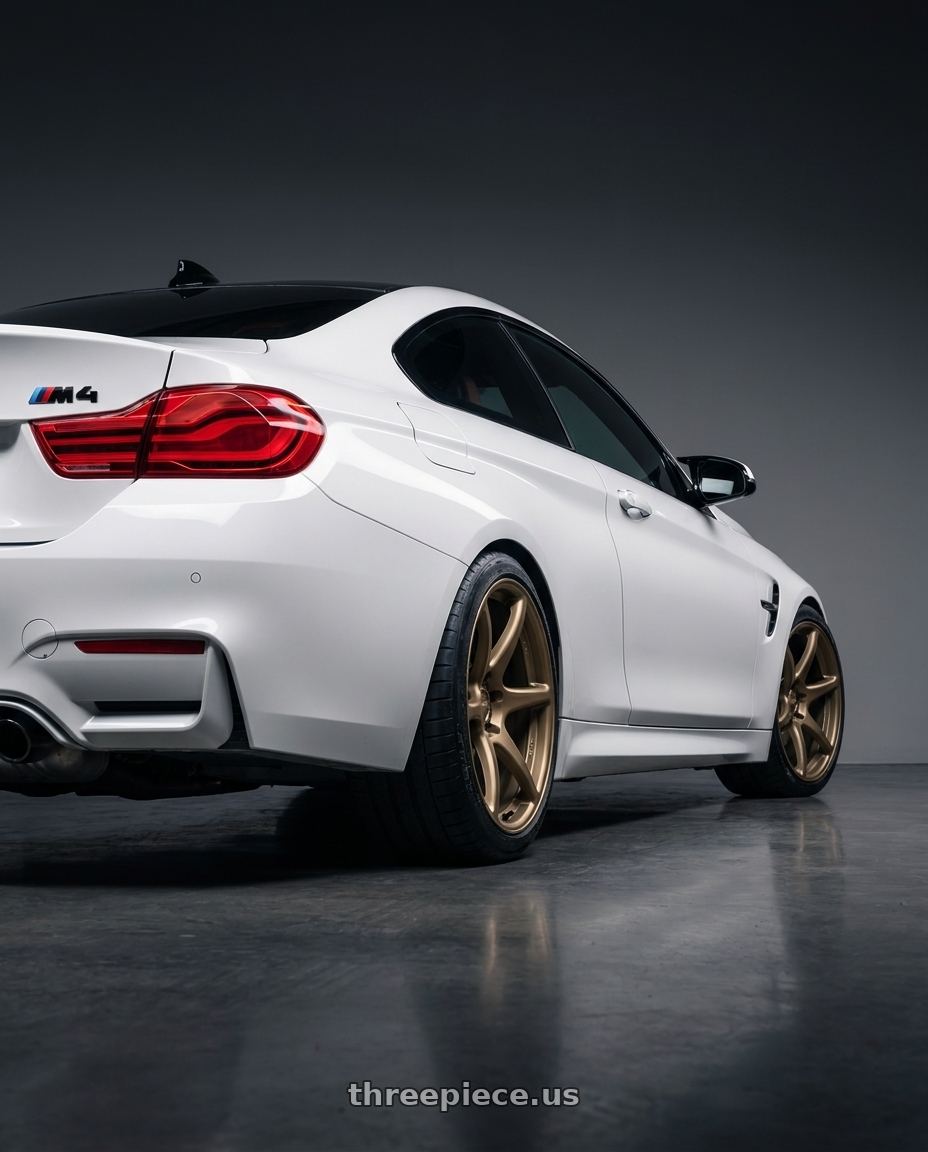 2018 BMW M4 F82 with Kansei K11B Tandem 5X120 19x10.5 22 Bronze wheels rear three quarter view square tires