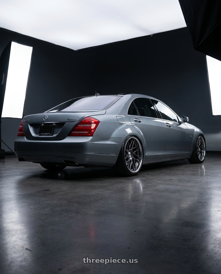 2012 Mercedes S550 with Leon Hardiritt Geist 21x11.0+42 Super Low Disk wheels rear three quarter view extreme stretch tires