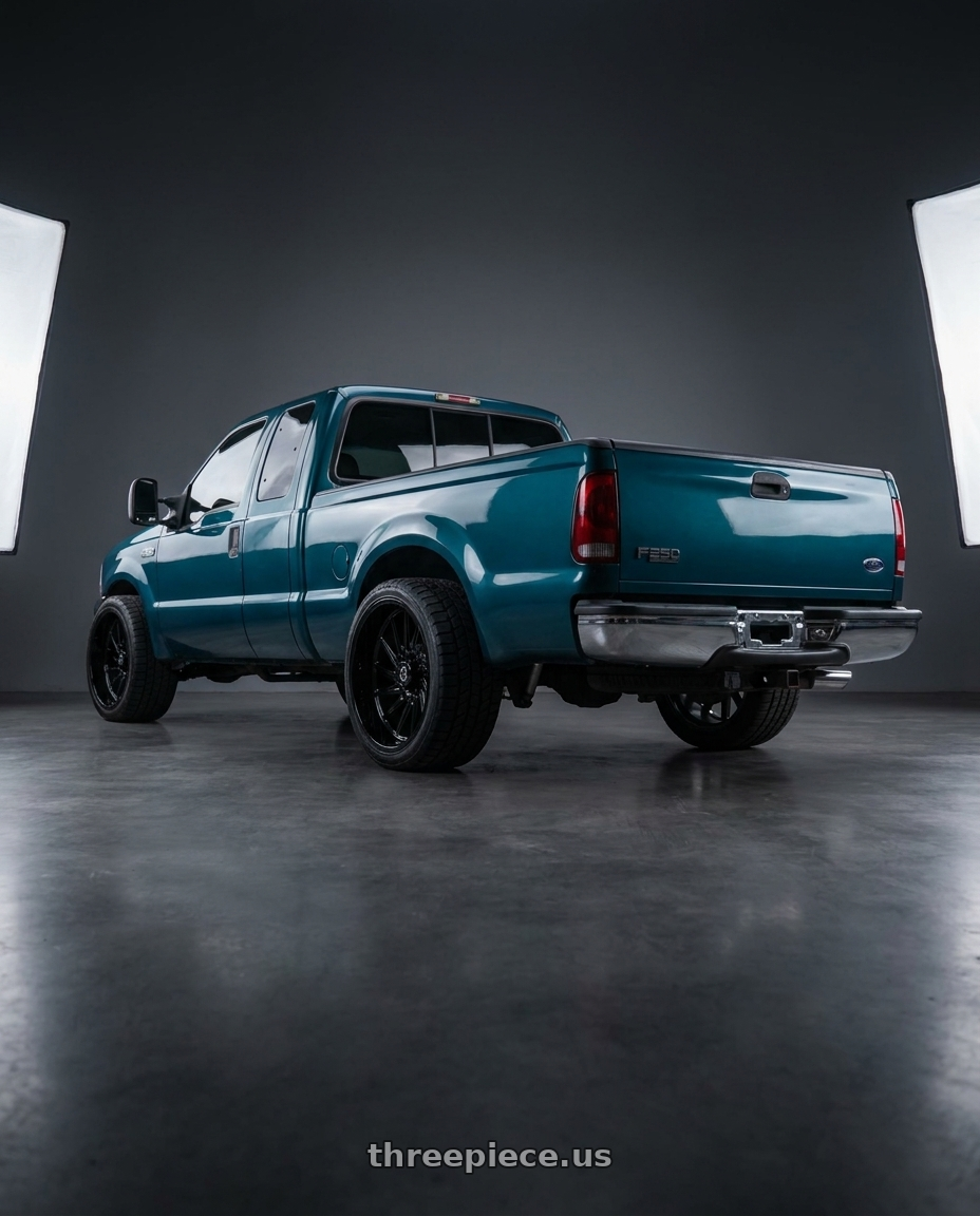2000 Ford F250 Super Duty XL, Teal with TIS 547B 8X170 20x12 -44 Gloss Black w/Milled Lip Logo wheels rear three quarter view square tires