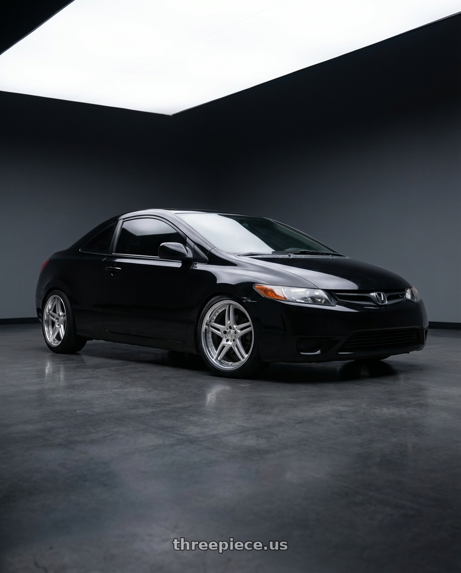 2008 Honda civic  with DURANDAL DD5.2 SILVER POLISHED 5x100 18x10.5 +84MM wheels front three quarter view lowered stance