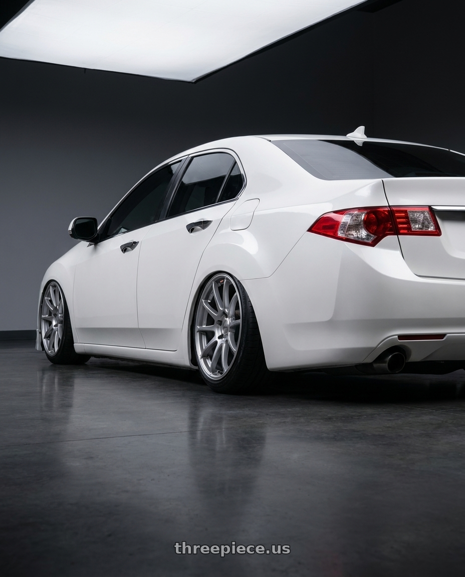 2013 Acura TSX with Ssr Gtv02 5x114.3 18x8.5+40  GLARE SILVER wheels rear three quarter view slight stretch tires