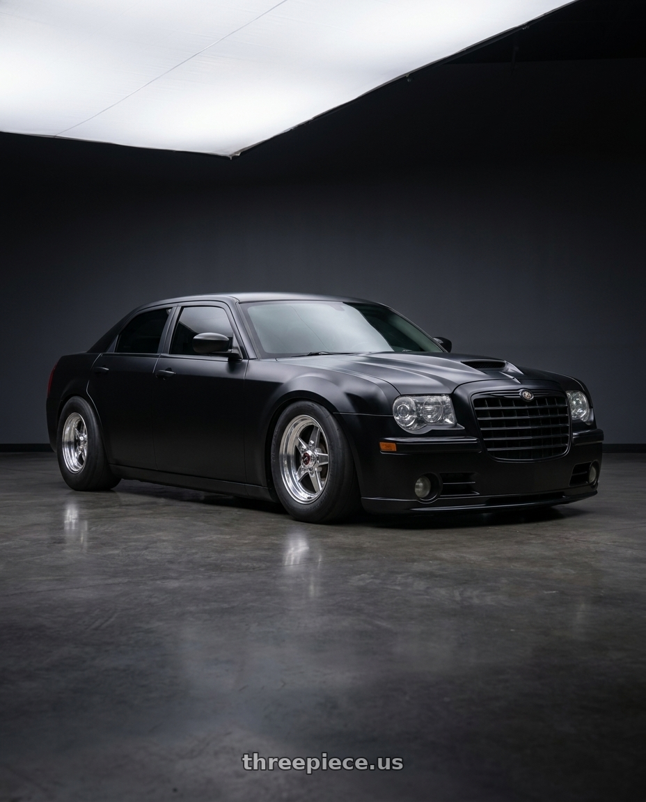 Procharged 2007 Chrysler 300 srt8 satin black with black trim hellcat hood with Race Star 92 Drag Star 5x115 20x9 +22 Polish wheels
