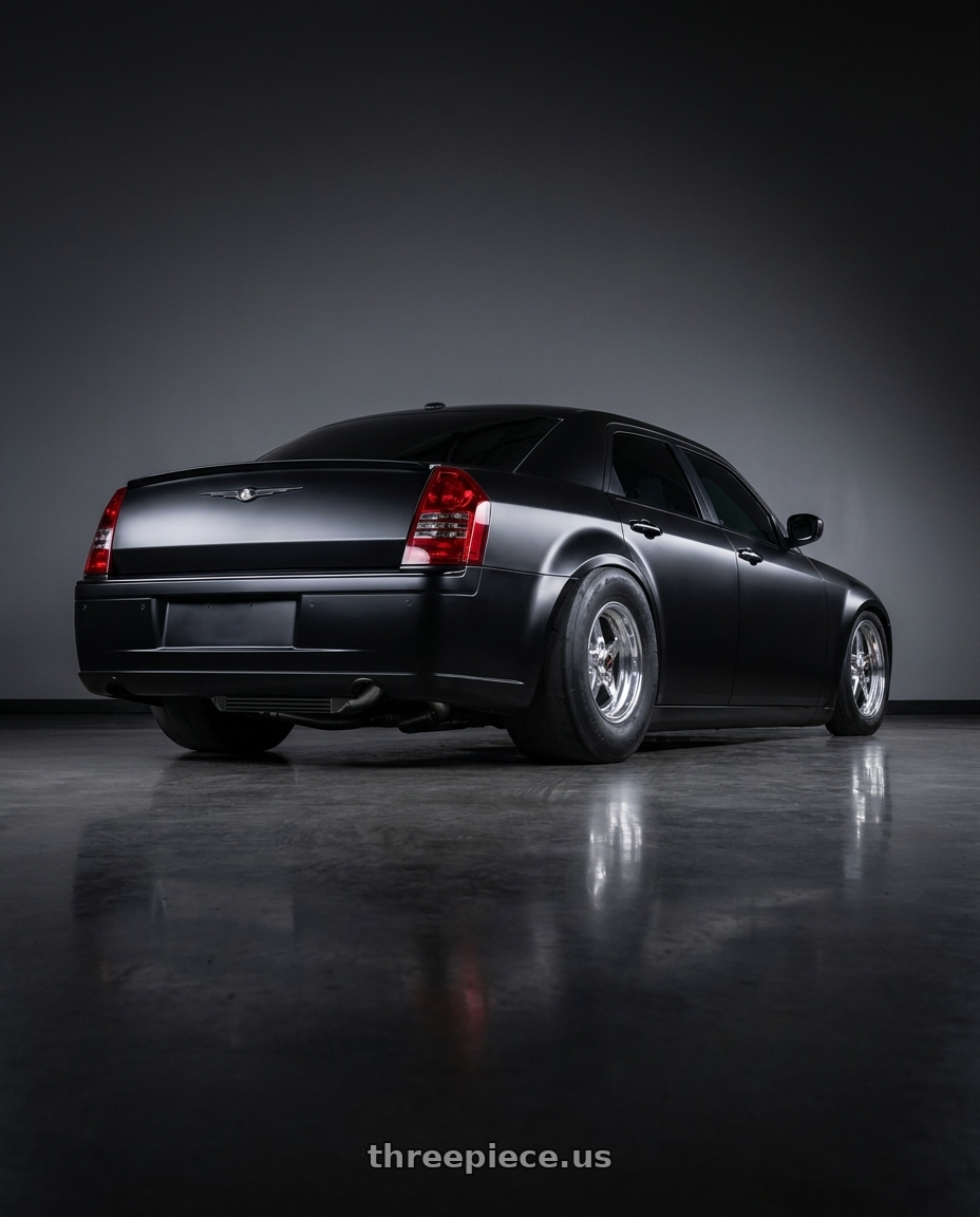 Procharged 2007 Chrysler 300 srt8 satin black with black trim hellcat hood with Race Star 92 Drag Star 5x115 20x9 +22 Polish wheels rear three quarter view excessive tires