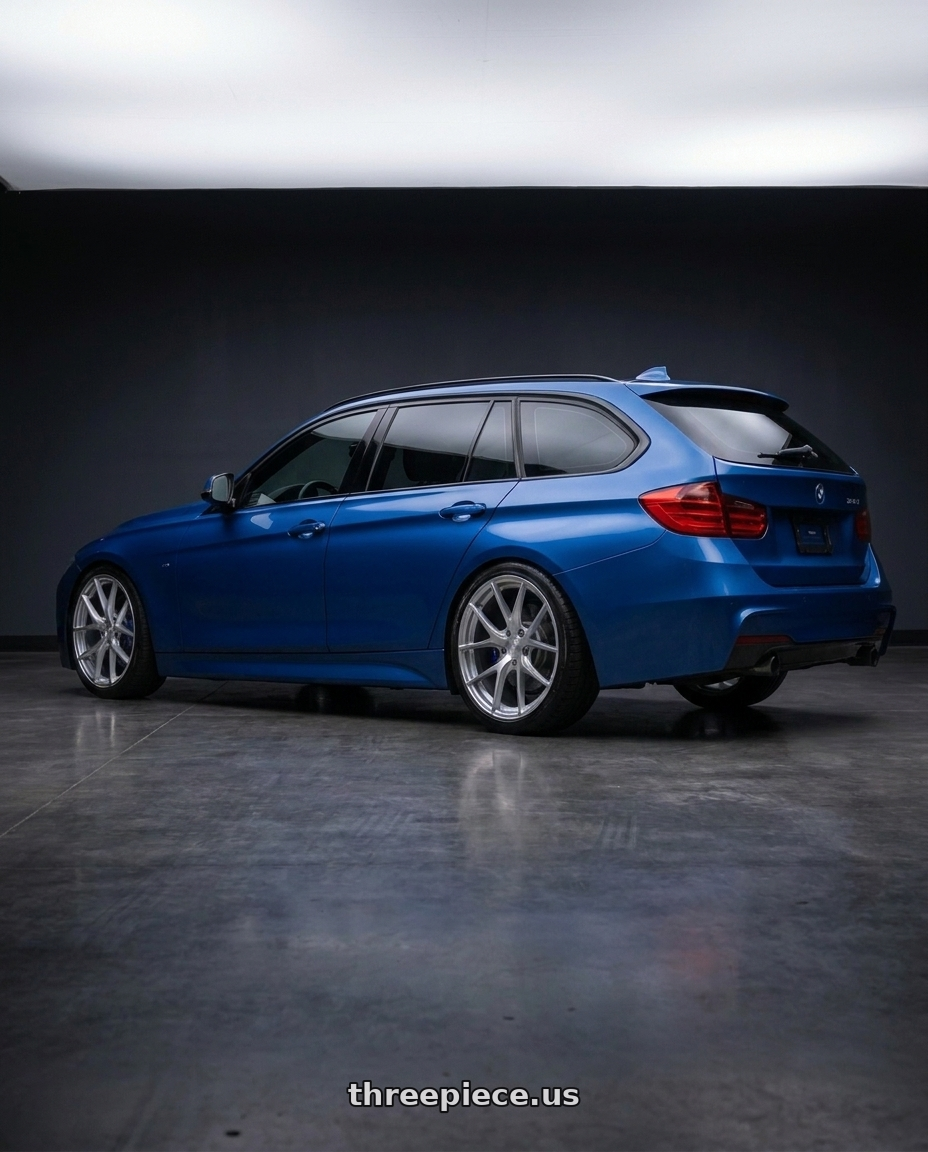 2014 BMW 3 Series with Aodhan AFF7 5x120 19x8.5+35 Gloss Silver Machined Face wheels rear three quarter view square tires
