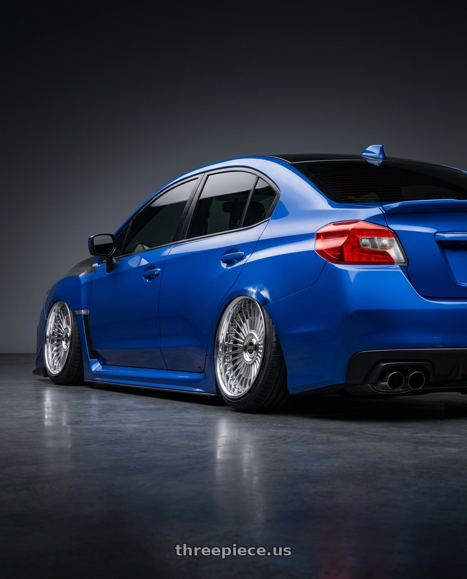 2015 subaru wrx world rally with Work Emitz Chrome 5x114.3 19x9.5 +22 wheels rear three quarter view extreme stretch tires