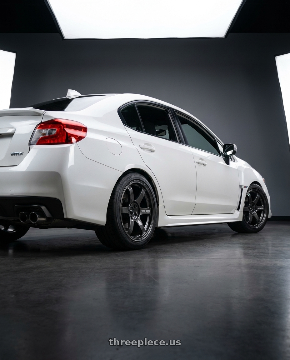 2019 Subaru WRX Limited with Volk Racing TE37 Saga S-Plus 5x100 18x7.5+48 Diamond Dark Gunmetal wheels rear three quarter view meaty tires