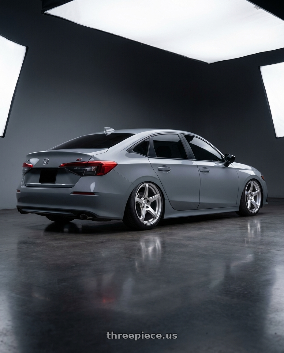 2025 civic si with Work Emotion T5r 4x100 17x7 +43 Glow Silver wheels rear three quarter view slight stretch tires