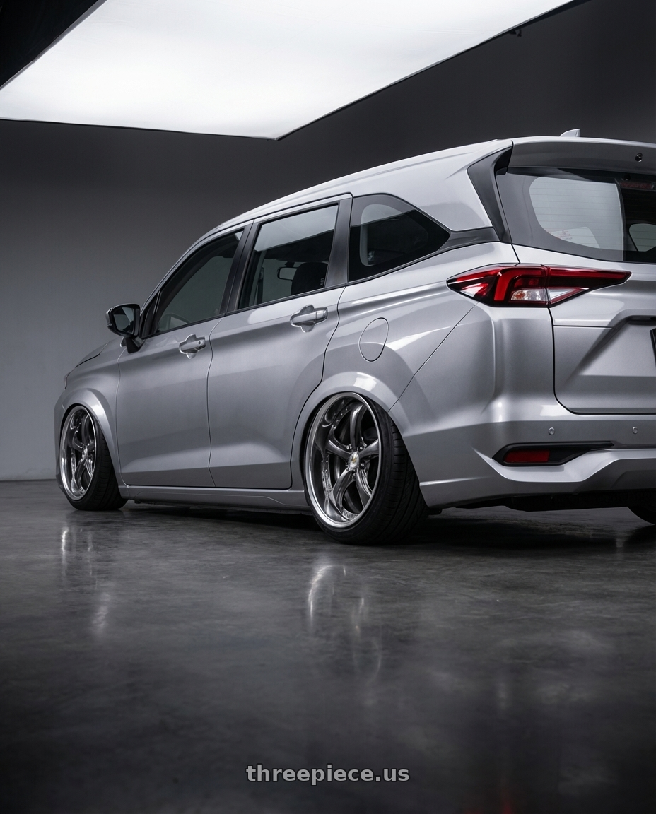 2021 Toyota Avanza G, silver with Work Wheels VS-KF 5X114.3 19x8+28 Brilliant Silver Black A Disk FULL REVERSE wheels rear three quarter view slight stretch tires