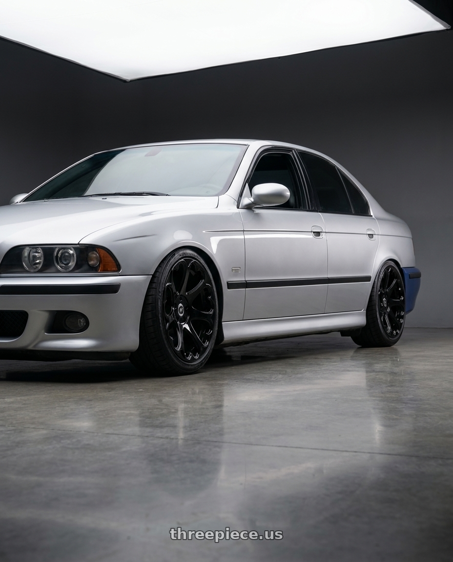 2003 BMW M5 with HERITAGE WHEEL KOKORO MONOC 5x120 17x8 +25 BLACK wheels front three quarter view lowered stance