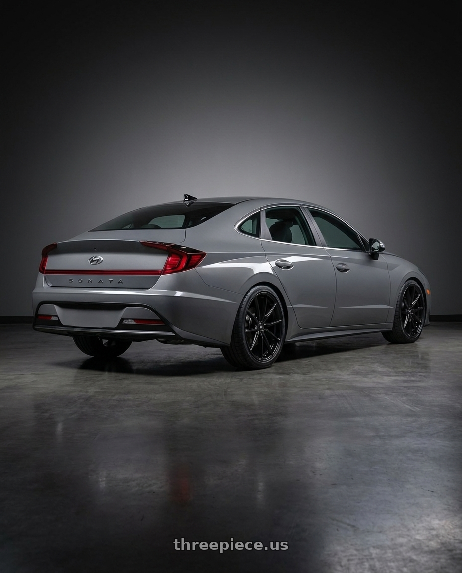 2021 Hyundai Sonata SE with Konig Oversteer 5x114.3 19x8.5+30 Gloss Black wheels rear three quarter view square tires