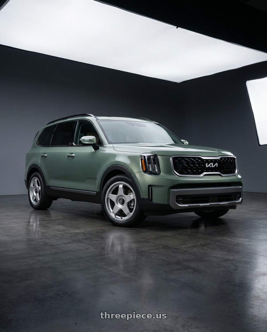 2024 Kia Telluride with fifteen52 CHICANE 5x114.3 / 5x100 18x8.5 +35 SPEED SILVER (GLOSS SILVER) wheels front three quarter view stock stance