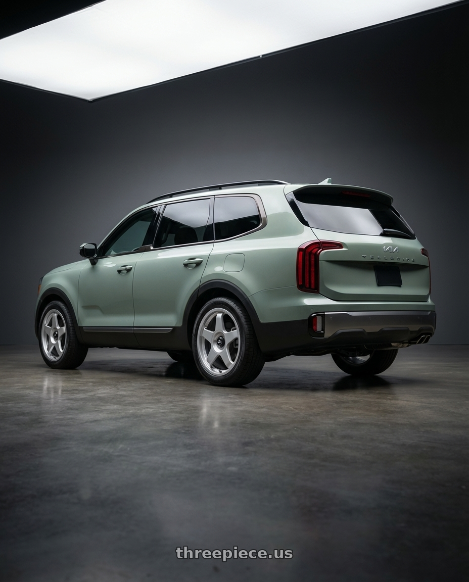 2024 Kia Telluride with fifteen52 CHICANE 5x114.3 / 5x100 18x8.5 +35 SPEED SILVER (GLOSS SILVER) wheels rear three quarter view square tires