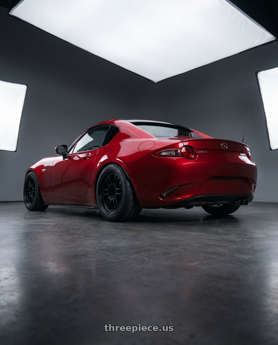 2018 Mazda Mx-5 with Enkei RPF1 5x114.3 17x8.5+30 Matte Black wheels rear three quarter view meaty tires