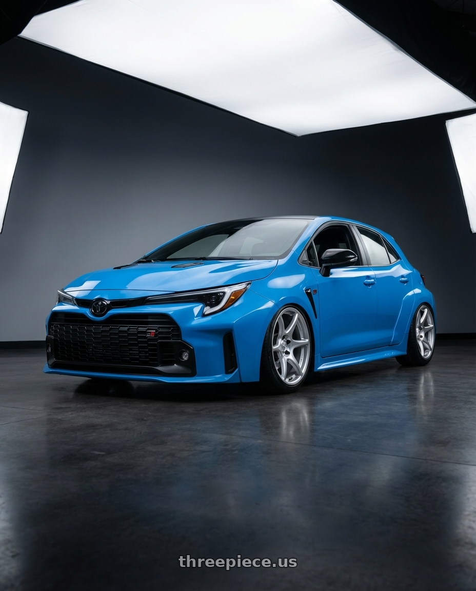 2024 Toyota GR Corolla with Kansei K11S Tandem 5x114.3 18x10.5 12 Hyper Silver wheels front three quarter view stanced stance