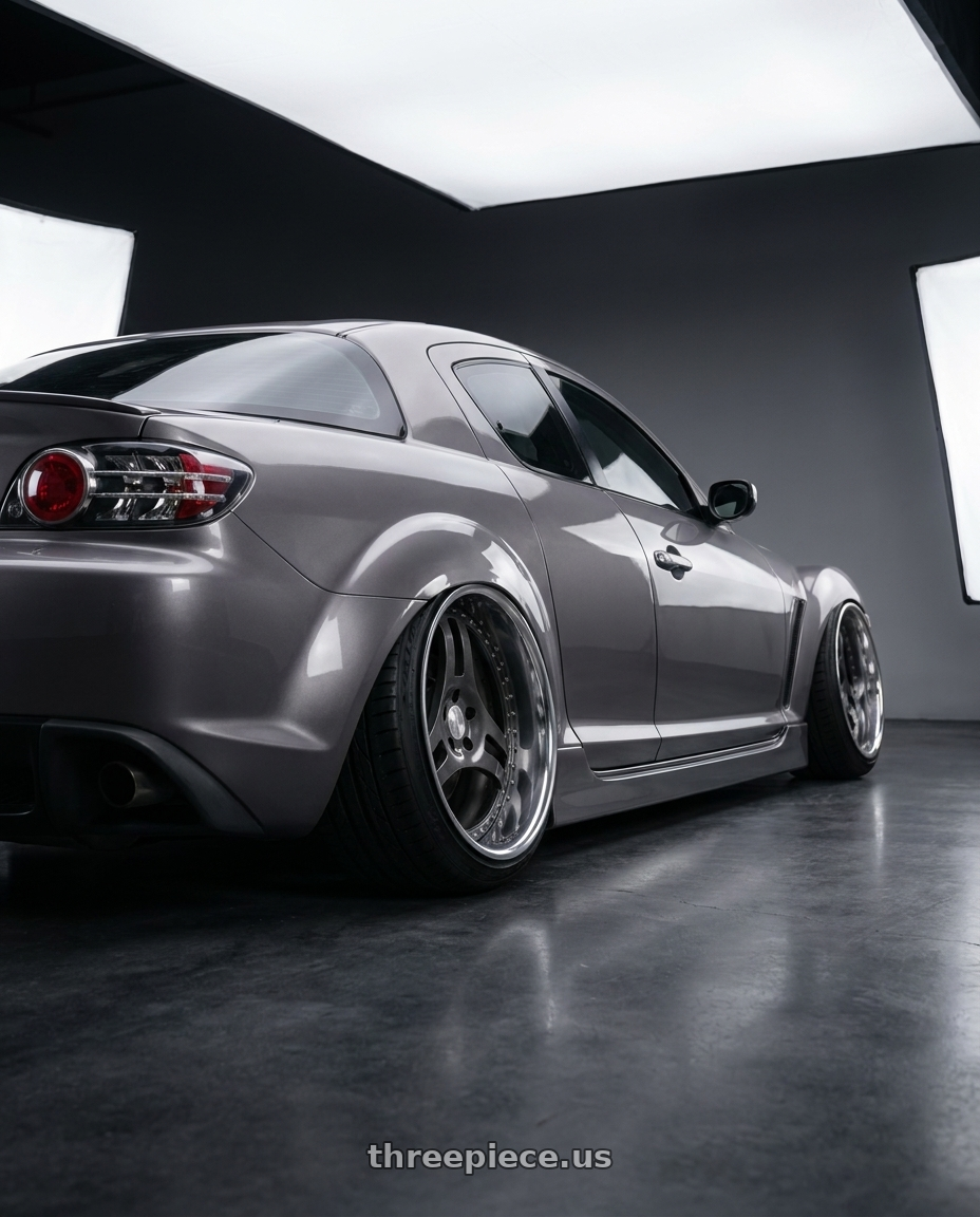 2008 Mazda RX-8 40th Anniversary Metropolitan Gray Mica with Heritage Wheel TSUKUBA wheels rear three quarter view extreme stretch tires