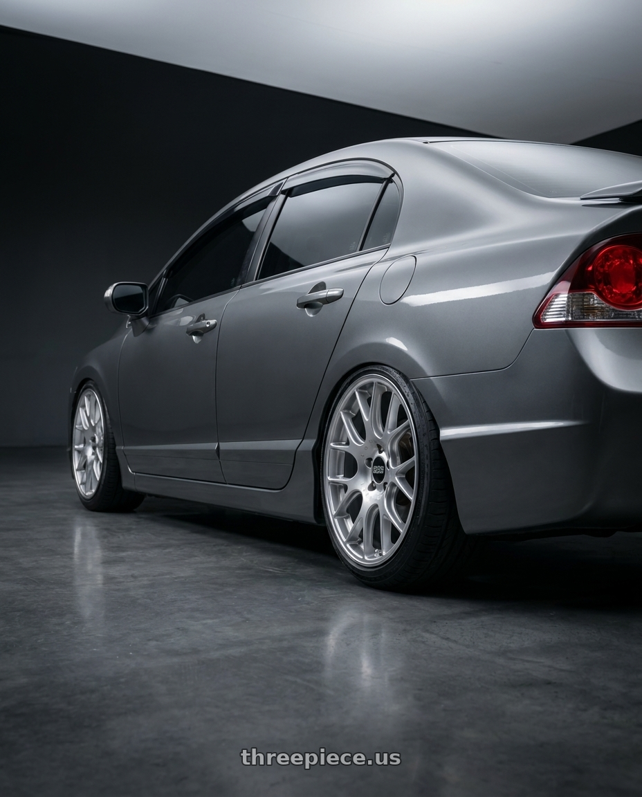 2010 fd1 civic with BBS CH-R 5x114.3 20x8.5 +38 Brilliant Silver Polished Rim Protector wheels rear three quarter view slight stretch tires