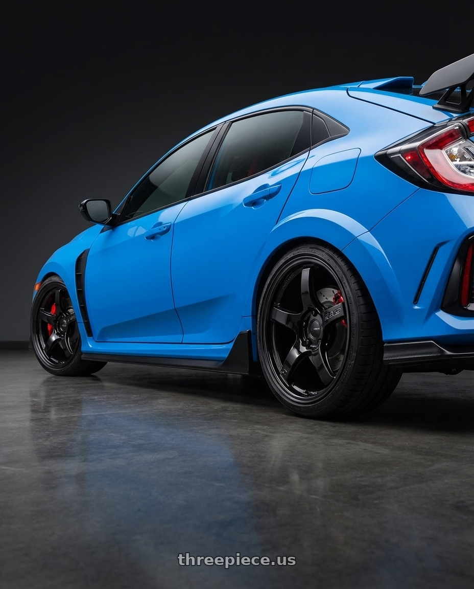 2020 Honda Civic Type R with Gram Lights 57CR 5x120 19x9.5+25 Glossy Black wheels rear three quarter view square tires