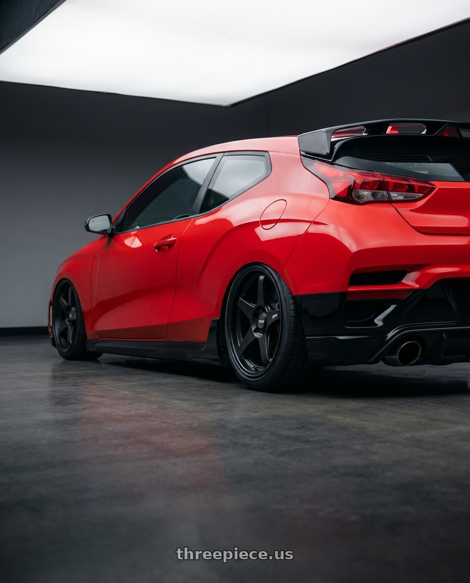 2022 Hyundai Veloster N with ESR Wheels APEX SERIES AP5 5x114.3 19x9.5 +35 Matte Black wheels rear three quarter view slight stretch tires