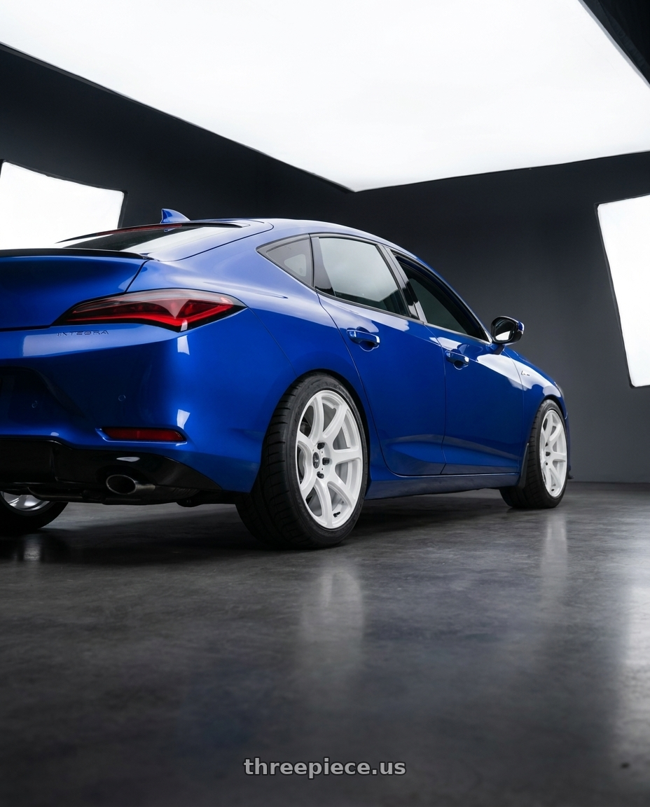 2023 Acura integra aspec with Work Emotion T7r 5x100 18x9.5 +38 White wheels rear three quarter view meaty tires