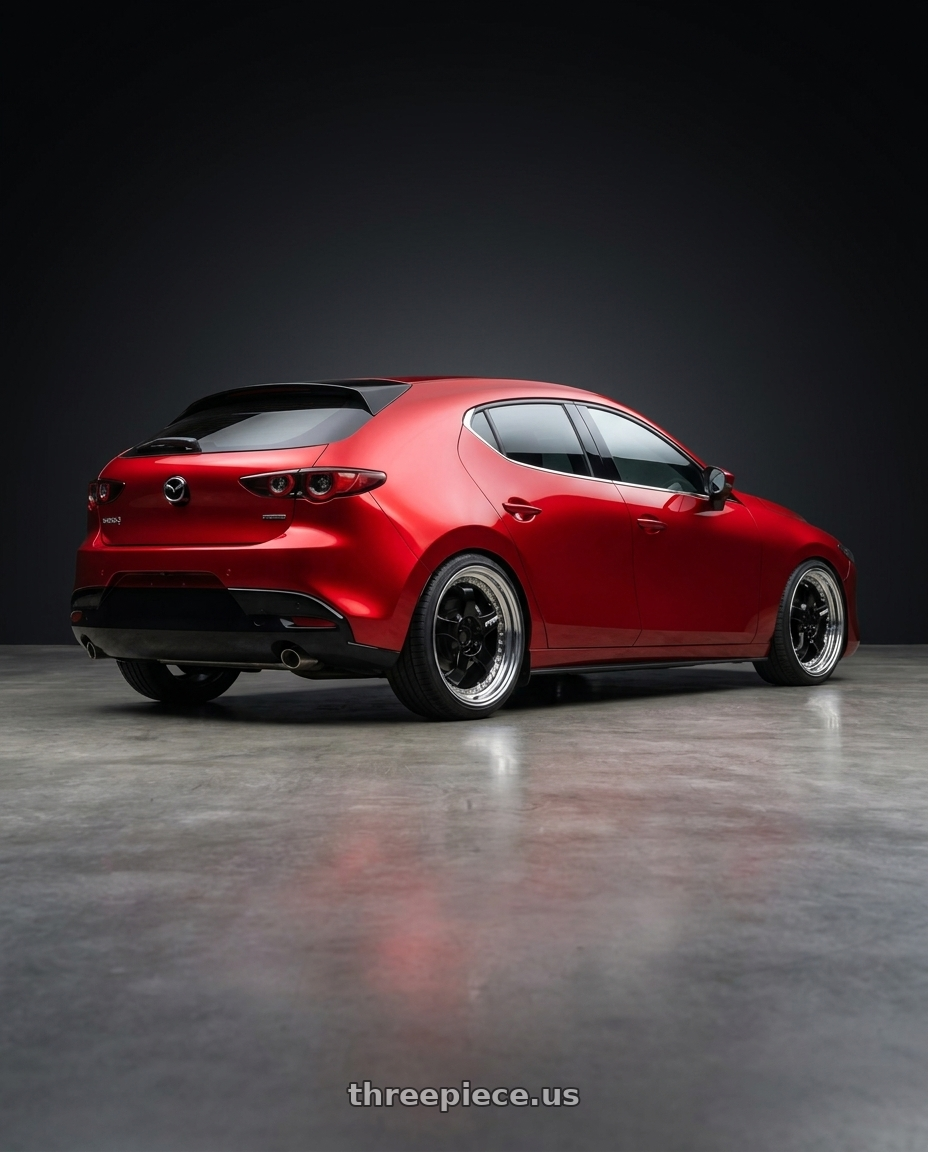 2024 Mazda 3 with Work Meister S1 3P 5x100 18x7+48 A Disk Black wheels rear three quarter view slight stretch tires