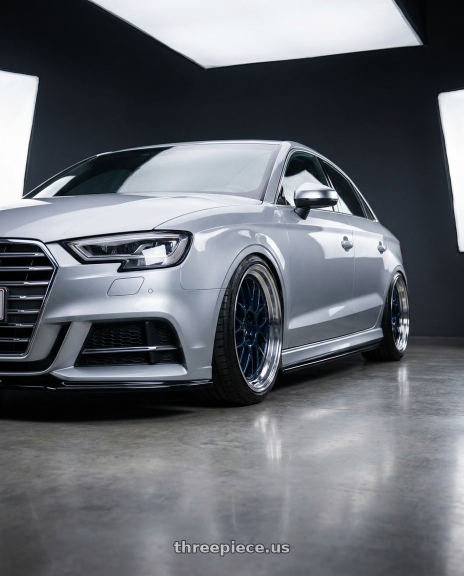 2017 Audi S3 with Volk Racing 21A 5x112 18x10.5 +30 MAG BLUE / DC wheels front three quarter view lowered stance