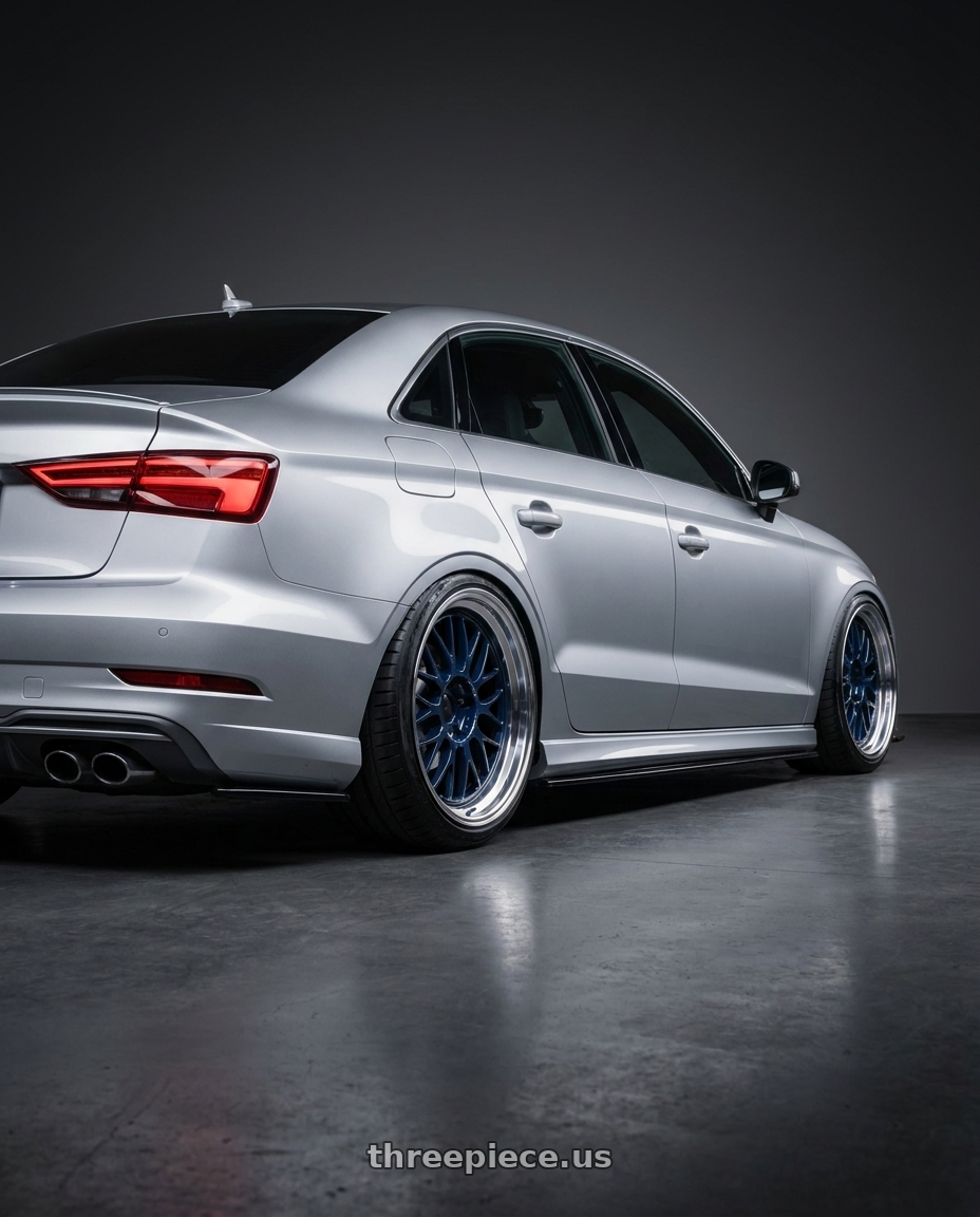 2017 Audi S3 with Volk Racing 21A 5x112 18x10.5 +30 MAG BLUE / DC wheels rear three quarter view extreme stretch tires