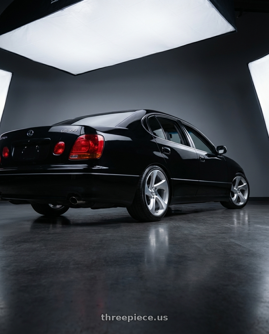 2003 lexus gs300 sport design with Shift Strut 5x114.3 18x8.5 +35 Silver Machined wheels rear three quarter view slight stretch tires