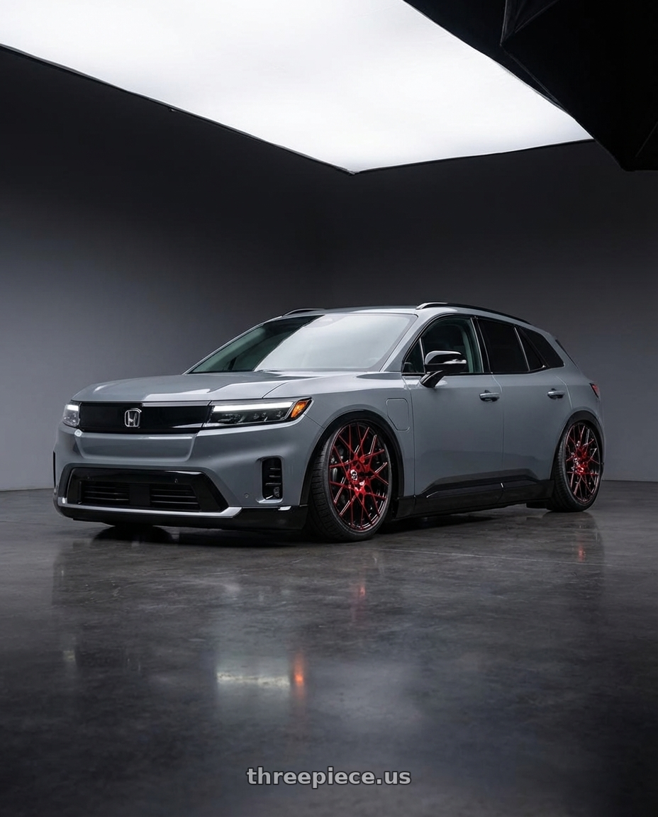 2025 honda prolouge elite grey with Spec-1 SP-52 4x100/4x114.3 17x7.5 +42 Gloss Black & Red Machined wheels front three quarter view stanced stance