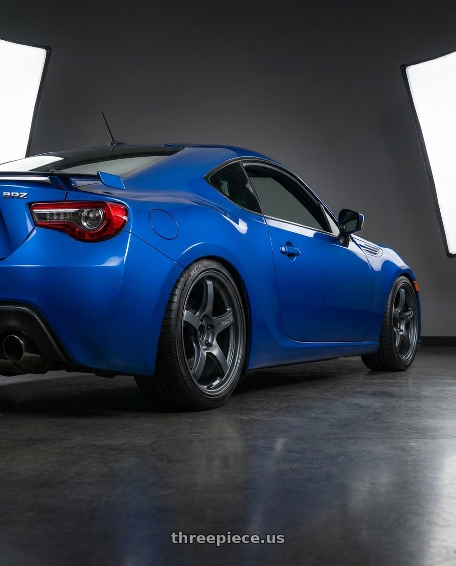 2017 Subaru BRZ with Gram Lights 57CR 5x100 17x9+38 Gunblue II wheels rear three quarter view square tires