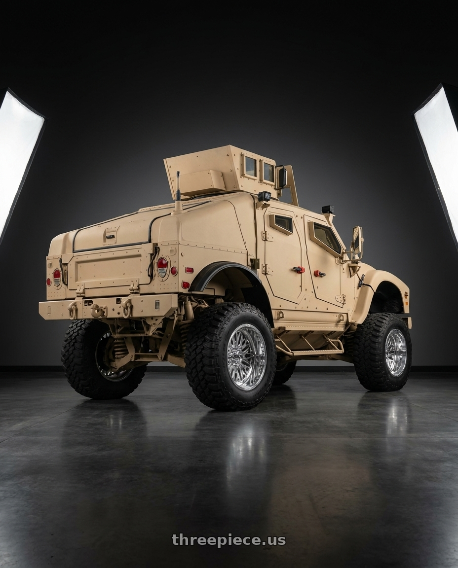 2020 Oshkosh m-atv with Fuel Forged FF109 8x180 20x12 -40 POLISHED wheels rear three quarter view meaty tires