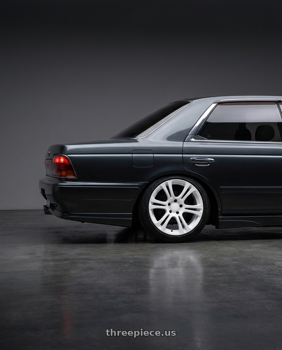 1992 nissan laurel with Kansei K16W Neo 5X120 18x9.5 22 Gloss White wheels rear three quarter view square tires