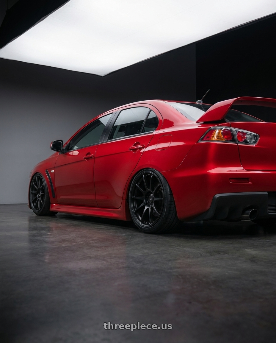 2012 Mitsubishi Lancer Evo X with Ssr Gtv02 5x114.3 18x8+35  FLAT BLACK wheels rear three quarter view slight stretch tires