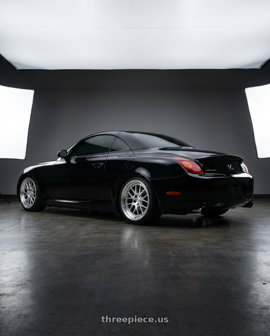 2005 lexus sc430 with Aodhan DS06 5x114.3 18x9.5+30 Silver w/Machined Face wheels rear three quarter view square tires