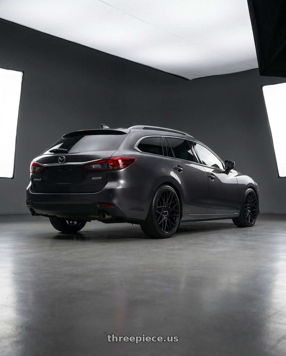 2019 Mazda 6 wagon with Rotiform 1PC R112 BLQ 5X114.3 19X8.5 +38 MATTE BLACK wheels rear three quarter view square tires