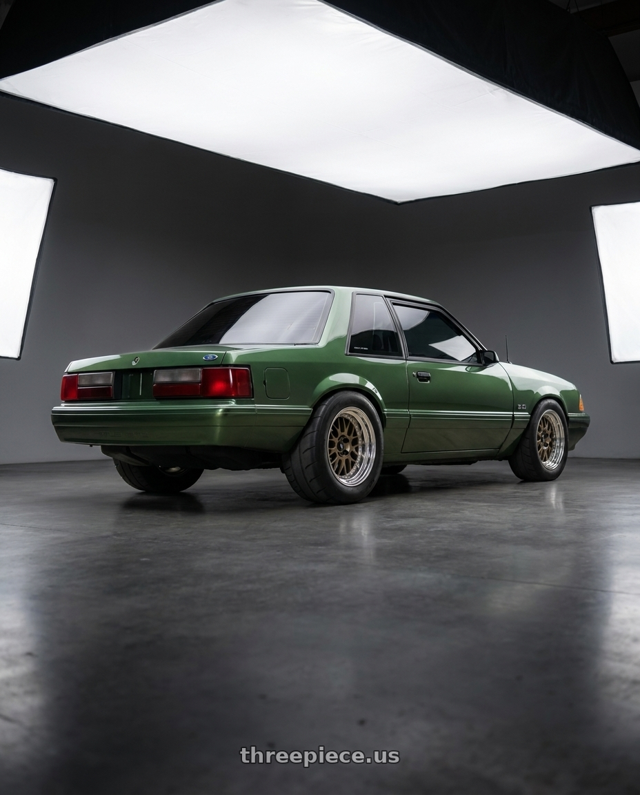 1990 ford mustang with Work Meister M1 3p 4x100 16x10.5+19 W Disk Titanium Gold wheels rear three quarter view meaty tires
