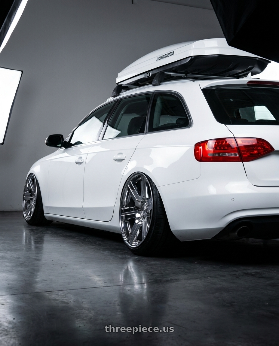 2011 Audi a4 with OEP 147C 6x139.7 20x8.5 +30 Chrome wheels rear three quarter view extreme stretch tires