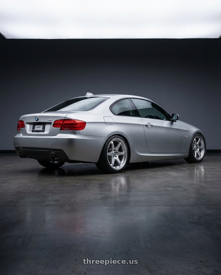 2012 BMW 3 Series E92 with ESR Wheels APEX SERIES AP6 5x120 18x9.5 +22 Hyper Silver wheels rear three quarter view square tires