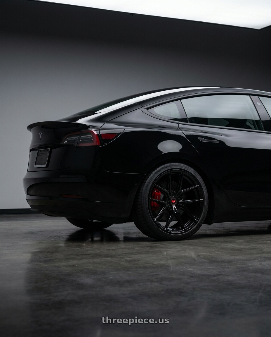 2019 tesla model 3 performance black with Vossen HF-5 19x9.5 / 5x114.3 / ET40 / Deep Face / 73.1 - Gloss Black Wheel - HF5-9N63 wheels rear three quarter view square tires