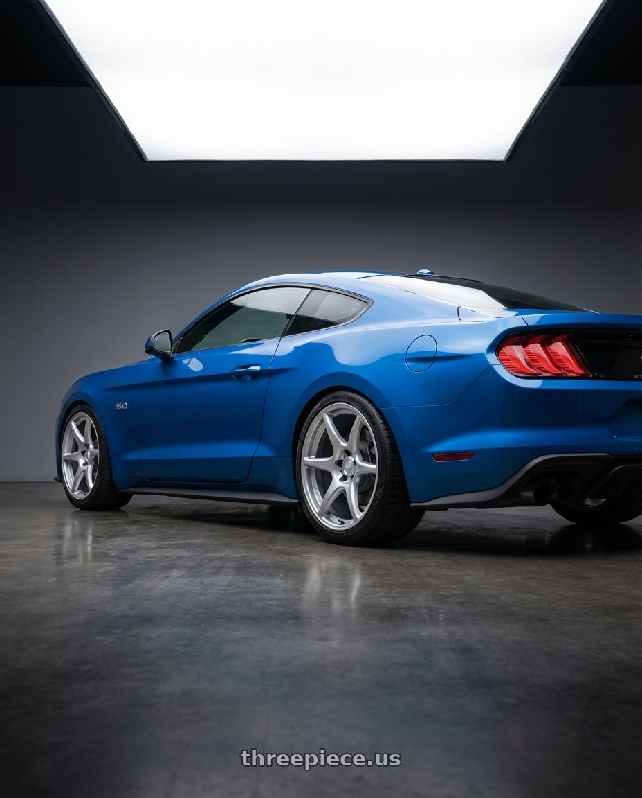 2022 Ford Mustang GT with Kansei K11S Tandem 5x114.3 19x9.5 22 Hyper Silver wheels rear three quarter view square tires