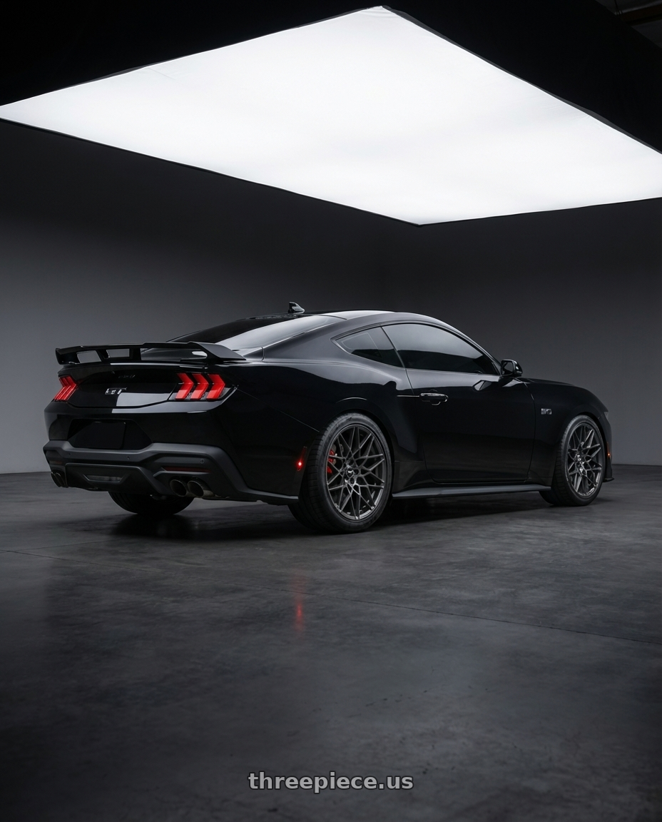 2025 Ford Mustang GT Premium Performance Package Shadow Black with RTR 850SC Tech Mesh Mustang 5x114.3 20x10.5 +45 Satin Charcoal wheels rear three quarter view square tires