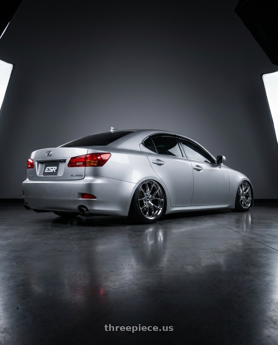 2010 Lexus is 250 with ESR Wheels RF2 5x114.3 18x9.5 +35 Vacuum Chrome wheels rear three quarter view slight stretch tires