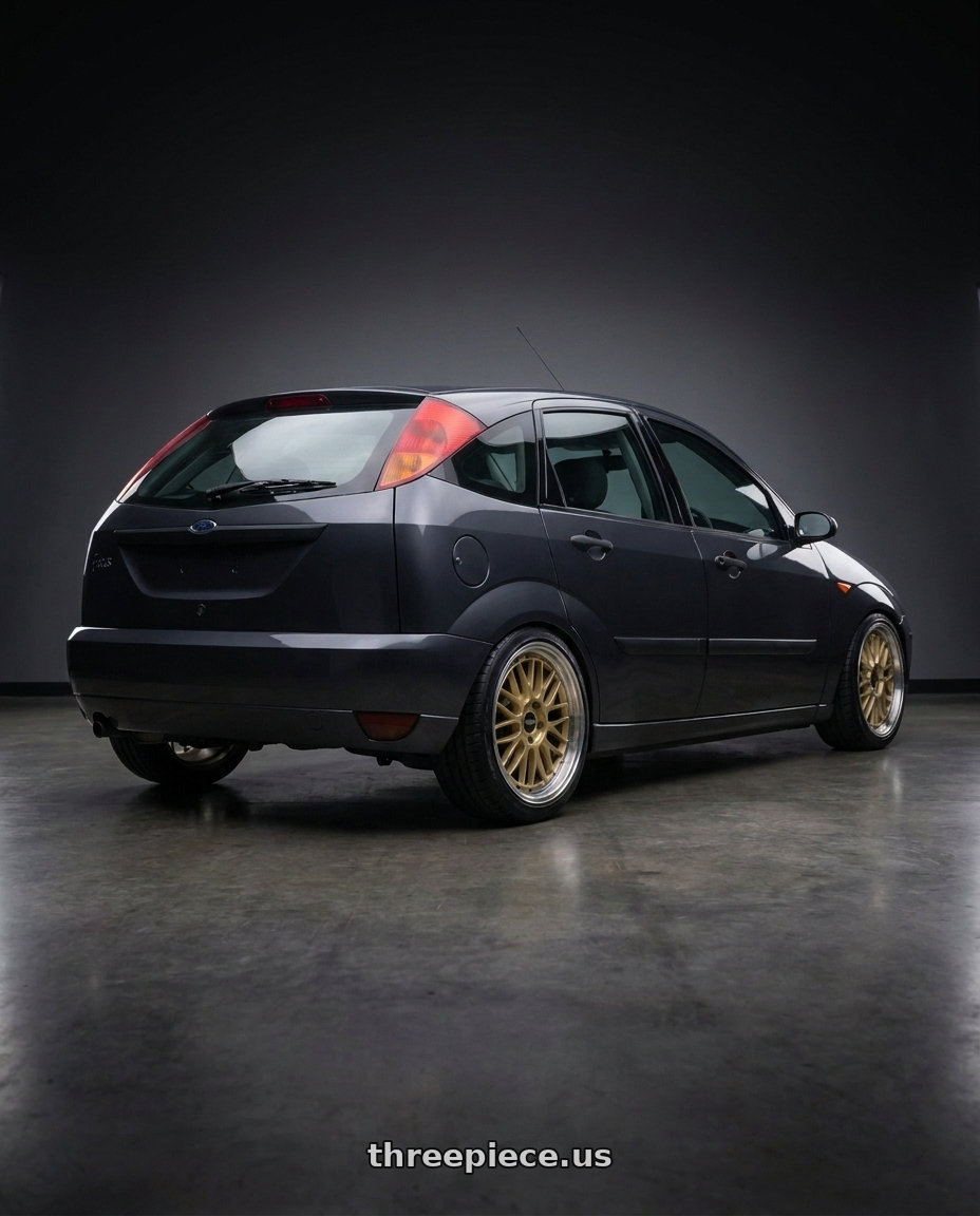 2004 ford focus hatchback with BBS LM 5x114.3 17x7.5+38 Gold wheels rear three quarter view slight stretch tires
