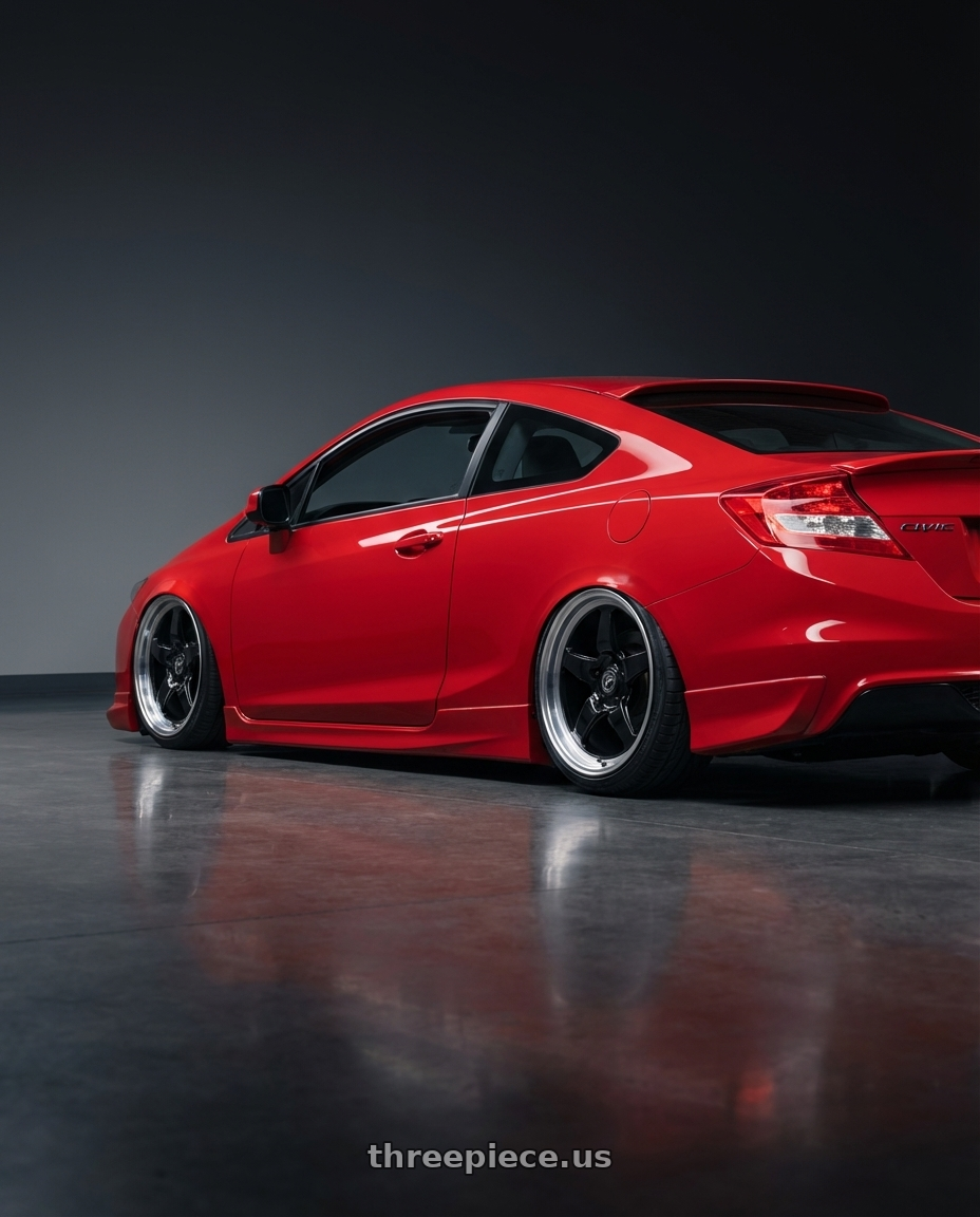 2011 Honda Civic Si with Forgestar D5 Drag 5x114.3 18x10 +22 Gloss Black Machined wheels rear three quarter view slight stretch tires