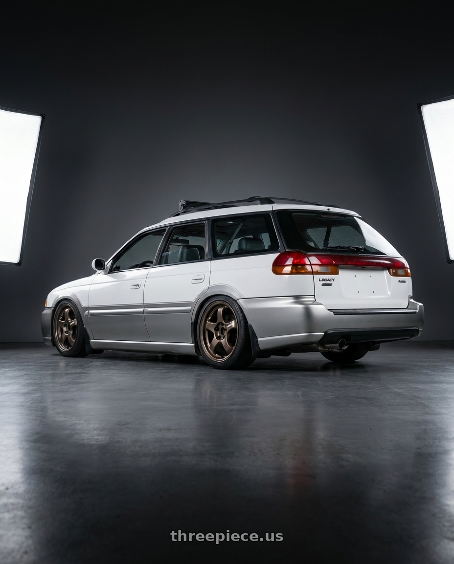 1998 Subaru Legacy Outback with Work Meister S1R 5x100 16x6+45 A Disk Ashdot Titanium wheels rear three quarter view square tires