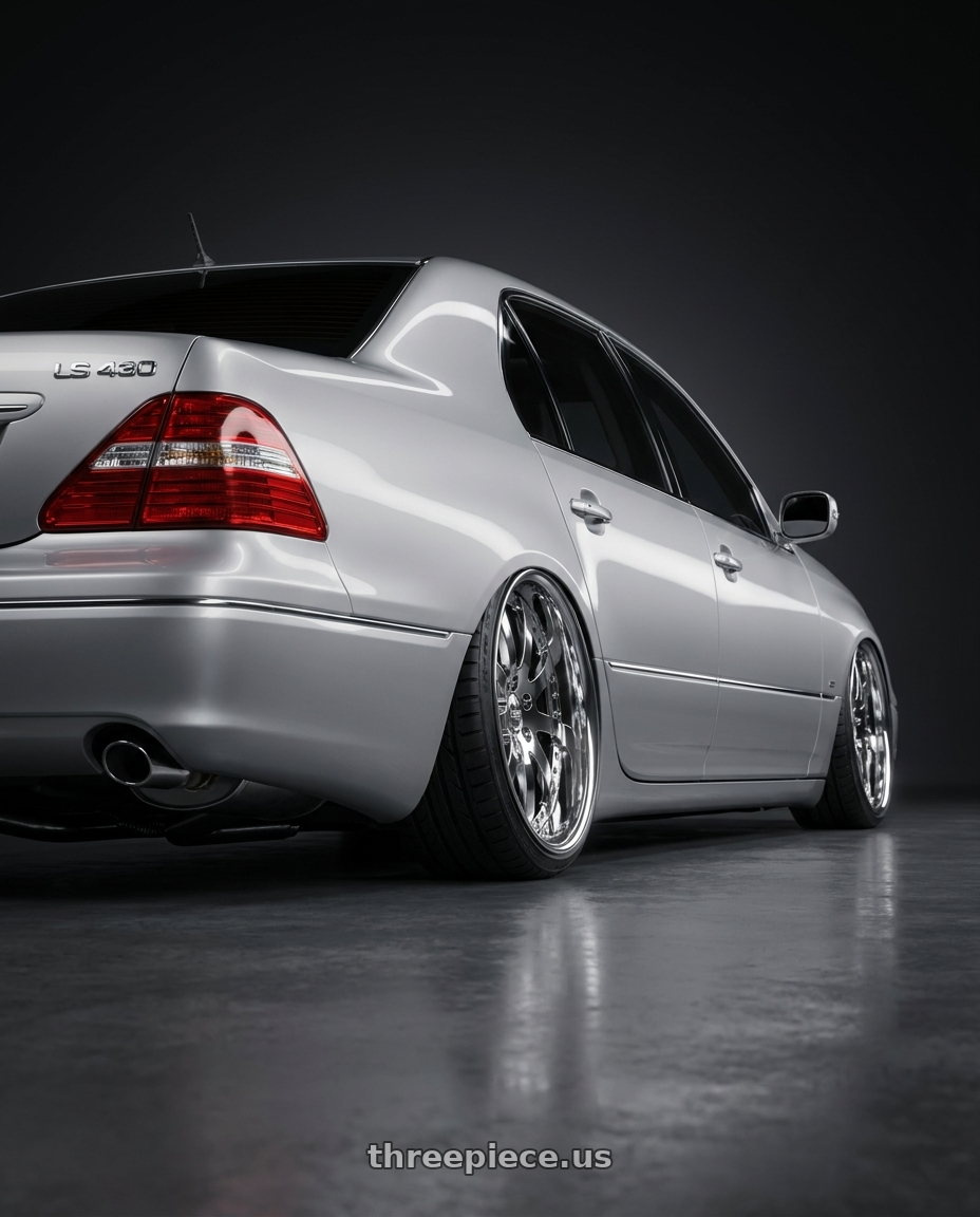 2004 lexus ls430 with Work Equip E10 5x114.3 20x9.5+35 r disk 3d Chrome wheels rear three quarter view extreme stretch tires